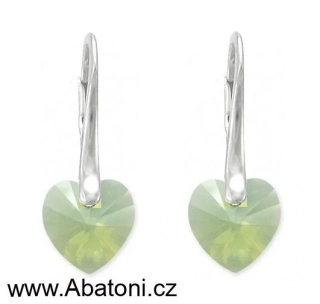 Swarovski Elements Heart krystal 10mm - Stříbrné náušnice visací zelené srdce, srdíčka 31137.3 Chrysolite Opal (zelená mléčná, světlá mátová) 