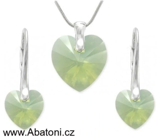 Swarovski Elements Heart krystal 14+10mm - Stříbrná sada (set, souprava) náušnice a přívěsek s řetízkem zelené srdce, srdíčko 39161.1 Chrysolite Opal (zelená mléčná, světlá mátová) 