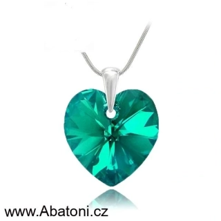 Swarovski Elements Heart krystal 18mm - Stříbrný náhrdelník (přívěsek + řetízek) modré srdce, srdíčko 34003.5 Blue Zircon (modrozelená, tmavá tyrkysová)