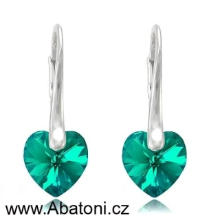 Swarovski Elements Heart krystal 18mm - Stříbrné náušnice visací modré srdce, srdíčka 31012.4 Blue Zircon (modrozelená, tmavá tyrkysová) 