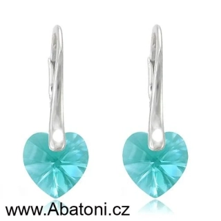 Swarovski Elements Heart krystal 10mm - Stříbrné náušnice visací modré srdce, srdíčka 31012.4 Light Turquoise (modrá světlá, tyrkysová)