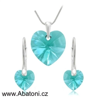Swarovski Elements Heart krystal 14+10mm - Stříbrná sada (set, souprava) náušnice a přívěsek s řetízkem modré srdce, srdíčko 39003.3 Light Turquoise (modrá světlá, tyrkysová)
