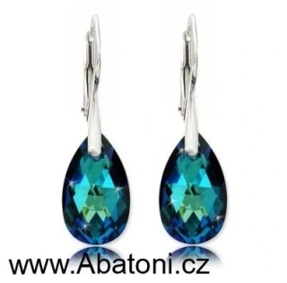 Swarovski Elements Pear krystal 16mm - Stříbrné náušnice visací modrá slza, kapky 31215.5 Bermuda Blue (modrá, mořská, duhová, měňavá)