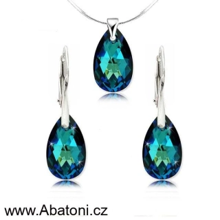 Swarovski Elements Pear krystal 16+16mm - Stříbrná sada (set, souprava) náušnice a přívěsek s řetízkem modrá slza, kapka 39169.4 Bermuda Blue (modrá, mořská, duhová, měňavá) 