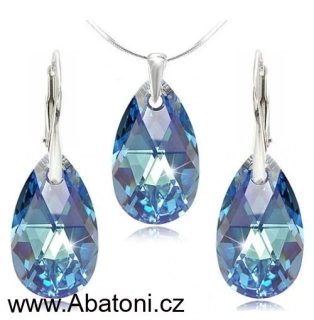Swarovski Elements Pear krystal 16+16mm - Stříbrná sada (set, souprava) náušnice a přívěsek s řetízkem modrá slza, kapka 39169.4 Aquamarine (modrá světlá, azurová, nebeská) 