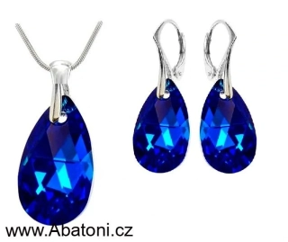 Swarovski Elements Pear krystal 22+16mm - Stříbrná sada (set, souprava) náušnice a přívěsek s řetízkem modrá slza, kapka 39169.4 Majestic Blue (modrá královská) 