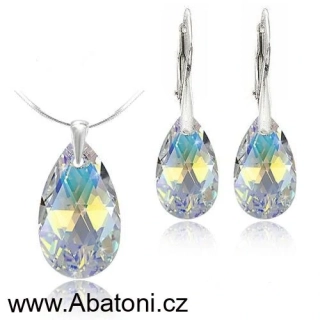 Swarovski Elements Pear krystal 22+16mm - Stříbrná sada (set, souprava) náušnice a přívěsek s řetízkem bílá duhová slza, kapka 39049.2 Crystal AB (bílá, křišťálová, duhová, měňavá) 