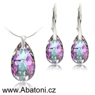 Swarovski Elements Pear krystal 22+16mm - Stříbrná sada (set, souprava) náušnice a přívěsek s řetízkem fialová slza, kapka 39169.4 Vitrail Light (růžová, fialová, tyrkysová, duhová) 