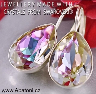 Swarovski Elements Pear vlepený krystal 14mm - Stříbrné náušnice visací fialové slzičky, kapky 31242.3 Vitrail Light (růžová, fialová, tyrkysová, duhová) 