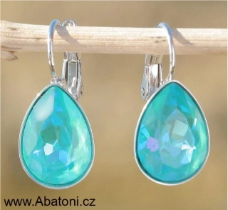 Swarovski Elements Pear vlepený krystal 14mm - Stříbrné náušnice visací modré slzičky, kapky 31242.3 Laguna DeLite (světlá modro zelená, mořská tyrkysová, duhová)