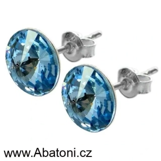 Swarovski Elements Rivoli vlepený krystal 12mm - Stříbrné náušnice pecky puzety modré kulaté 51037.3 Aquamarine (modrá světlá, azurová, nebeská)