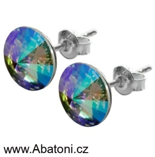 Swarovski Elements Rivoli vlepený krystal 12mm - Stříbrné náušnice pecky puzety zelené fialové kulaté 51037.5 Paradise Shine (zeleno-růžová, fialová, duhová, měňavá)