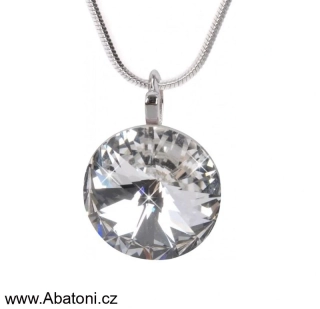 Swarovski Elements Rivoli vlepený krystal 14mm - Stříbrný náhrdelník (přívěsek + řetízek) bílý kulatý 34112.1 Crystal (bílá, čirá, křišťálová)