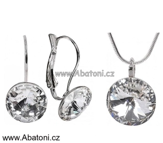 Swarovski Elements Rivoli vlepený krystal 14+12mm - Stříbrná sada (set, souprava) náušnice a přívěsek s řetízkem bílé kulaté 39140.1 Crystal (bílá, čirá, křišťálová)