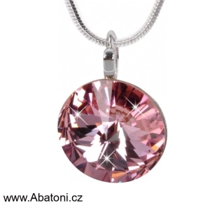 Swarovski Elements Rivoli vlepený krystal 14mm - Stříbrný náhrdelník (přívěsek + řetízek) růžový kulatý 34112.3 Light Rose (růžová světlá) 