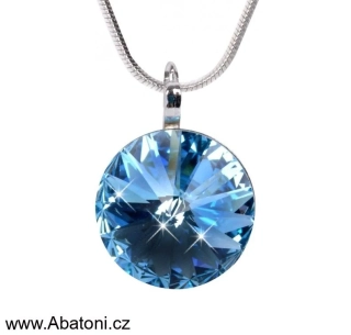 Swarovski Elements Rivoli vlepený krystal 14mm - Stříbrný náhrdelník (přívěsek + řetízek) modrý kulatý 34112.3 Aquamarine (modrá světlá, azurová, nebeská)
