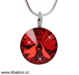 Swarovski Elements Rivoli vlepený krystal 14mm - Stříbrný náhrdelník (přívěsek + řetízek) červený kulatý 34112.3 Light Siam (červená) 
