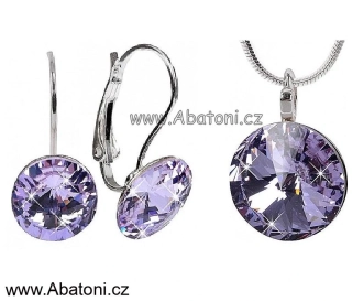 Swarovski Elements Rivoli vlepený krystal 14+12mm - Stříbrná sada (set, souprava) náušnice a přívěsek s řetízkem fialové kulaté 39352.3 Violet (fialová velmi světlá, lila)