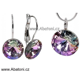 Swarovski Elements Rivoli vlepený krystal 14+12mm - Stříbrná sada (set, souprava) náušnice a přívěsek s řetízkem fialové kulaté 39352.3 Vitrail Light (růžová, fialová, tyrkysová, duhová) 