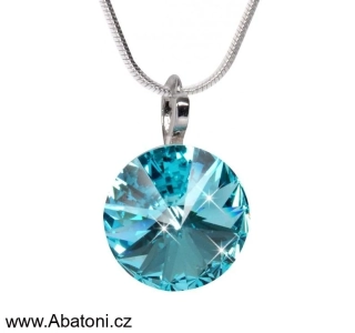 Swarovski Elements Rivoli vlepený krystal 14mm - Stříbrný náhrdelník (přívěsek + řetízek) modrý kulatý 34112.3 Light Turquoise (modrá světlá, tyrkysová)