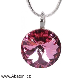 Swarovski Elements Rivoli vlepený krystal 14mm - Stříbrný náhrdelník (přívěsek + řetízek) růžový kulatý 34112.3 Rose (růžová)