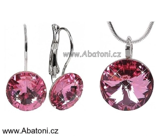 Swarovski Elements Rivoli vlepený krystal 14+12mm - Stříbrná sada (set, souprava) náušnice a přívěsek s řetízkem růžové kulaté 39140.3 Rose (růžová) 