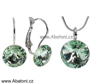 Swarovski Elements Rivoli vlepený krystal 14+12mm - Stříbrná sada (set, souprava) náušnice a přívěsek s řetízkem zelené kulaté 39352.5 Chrysolite (zelená světlá, mátová)