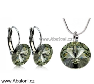 Swarovski Elements Rivoli vlepený krystal 14+12mm - Stříbrná sada (set, souprava) náušnice a přívěsek s řetízkem šedé kulaté 39140.5 Black Diamond (šedá, černá, kouřová)