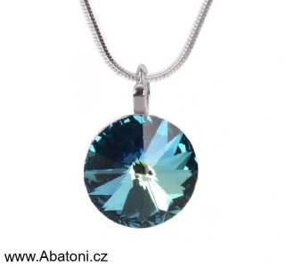 Swarovski Elements Rivoli vlepený krystal 14mm - Stříbrný náhrdelník (přívěsek + řetízek) modrý kulatý 34112.5 Bermuda Blue (modrá, mořská, duhová, měňavá) 