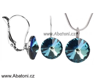 Swarovski Elements Rivoli vlepený krystal 14+12mm - Stříbrná sada (set, souprava) náušnice a přívěsek s řetízkem modré kulaté 39140.3 Bermuda Blue (modrá, mořská, duhová, měňavá) 