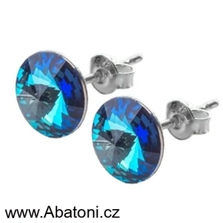 Swarovski Elements Rivoli vlepený krystal 12mm - Stříbrné náušnice pecky puzety modré kulaté 31300.5 Bermuda Blue (modrá, mořská, duhová, měňavá) 