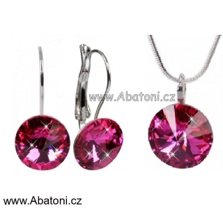 Swarovski Elements Rivoli vlepený krystal 14+12mm - Stříbrná sada (set, souprava) náušnice a přívěsek s řetízkem růžové kulaté 39352.3 Fuchsia (růžová tmavá, fuchsiová)