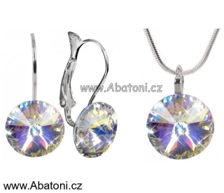 Swarovski Elements Rivoli vlepený krystal 14+12mm - Stříbrná sada (set, souprava) náušnice a přívěsek s řetízkem bílé duhové kulaté 39140.1 Crystal AB (bílá, křišťálová, duhová, měňavá) 