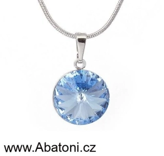 Swarovski Elements Rivoli vlepený krystal 14mm - Stříbrný náhrdelník (přívěsek + řetízek) modrý kulatý 54001.3 Light Sapphire (modrá světlá, blankytná) 
