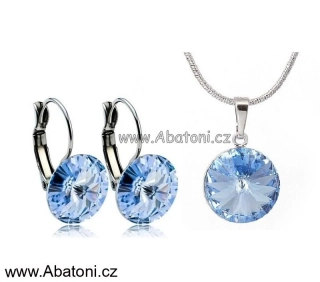 Swarovski Elements Rivoli vlepený krystal 14+12mm - Stříbrná sada (set, souprava) náušnice a přívěsek s řetízkem modré kulaté 39140.3 Light Sapphire (modrá světlá, blankytná) 