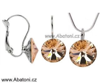 Swarovski Elements Rivoli vlepený krystal 14+12mm - Stříbrná sada (set, souprava) náušnice a přívěsek s řetízkem oranžové kulaté 39352.3 Light Peach (meruňková, oranžová velmi světlá) 
