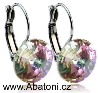Swarovski Elements Rivoli vlepený krystal 12mm - Stříbrné náušnice visací fialové kulaté 31106.5 Vitrail Light (růžová, fialová, tyrkysová, duhová) 