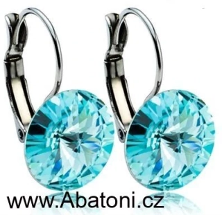 Swarovski Elements Rivoli vlepený krystal 12mm - Stříbrné náušnice visací modré kulaté 31106.3 Light Turquoise (modrá světlá, tyrkysová) 