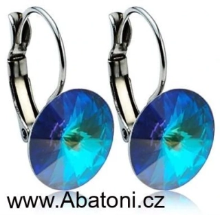 Swarovski Elements Rivoli vlepený krystal 12mm - Ocelové náušnice visací modré kulaté 31106.5 Bermuda Blue (modrá, mořská, duhová, měňavá) 