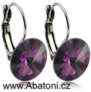 Swarovski Elements Rivoli vlepený krystal 12mm - Stříbrné náušnice visací fialové kulaté 51002.3 Amethyst (fialová, bordó, vínová) 