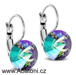 Swarovski Elements Rivoli vlepený krystal 12mm - Ocelové náušnice visací zelené fialové kulaté 51002.5 Paradise Shine (zeleno-růžová, fialová, duhová, měňavá) 