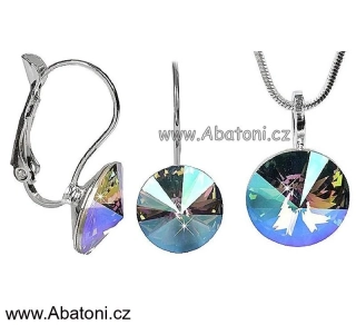 Swarovski Elements Rivoli vlepený krystal 14+12mm - Stříbrná sada (set, souprava) náušnice a přívěsek s řetízkem zelené fialové kulaté39352.5 Paradise Shine (zeleno-růžová, fialová, duhová, měňavá) 