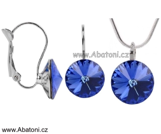 Swarovski Elements Rivoli vlepený krystal 14+12mm - Stříbrná sada (set, souprava) náušnice a přívěsek s řetízkem modré kulaté 39140.3 Sapphire (modrá královská) 