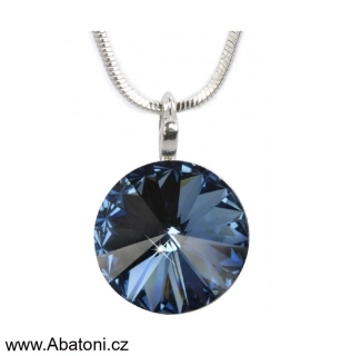 Swarovski Elements Rivoli vlepený krystal 14mm - Stříbrný náhrdelník (přívěsek + řetízek) modrý kulatý 34112.3 Denim Blue (modrá tmavá, riflová, džínová) 