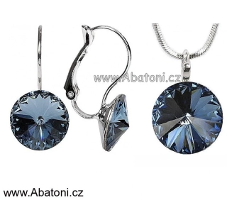Swarovski Elements Rivoli vlepený krystal 14+12mm - Stříbrná sada (set, souprava) náušnice a přívěsek s řetízkem modré kulaté 39140.3 Denim Blue (modrá tmavá, riflová, džínová) 