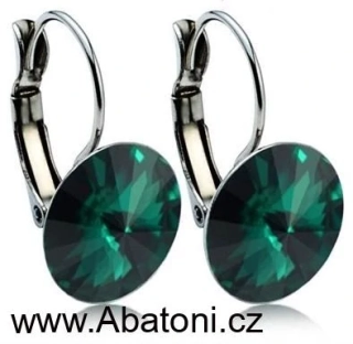 Swarovski Elements Rivoli vlepený krystal 12mm - Stříbrné náušnice visací zelené kulaté 31106.3 Emerald (zelená tmavá, smaragdová, brčálová)