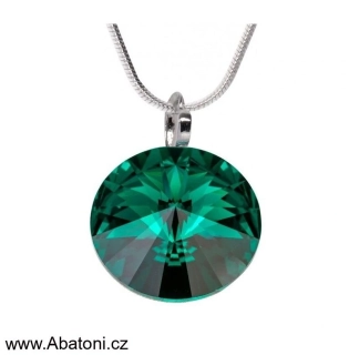 Swarovski Elements Rivoli vlepený krystal 14mm - Stříbrný náhrdelník (přívěsek + řetízek) zelený kulatý 54030.3 Emerald (zelená tmavá, smaragdová, brčálová) 