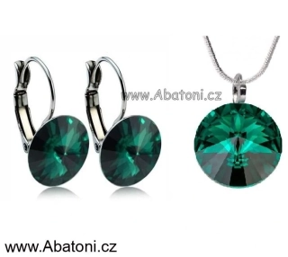 Swarovski Elements Rivoli vlepený krystal 14+12mm - Stříbrná sada (set, souprava) náušnice a přívěsek s řetízkem zelené kulaté 39352.5 Emerald (zelená tmavá, smaragdová, brčálová)