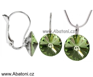 Swarovski Elements Rivoli vlepený krystal 14+12mm - Stříbrná sada (set, souprava) náušnice a přívěsek s řetízkem zelené kulaté 39352.5 Peridot (zelená světlá) 