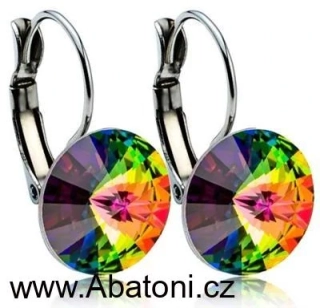 Swarovski Elements Rivoli vlepený krystal 12mm - Ocelové náušnice visací zelené kulaté 31106.3 Vitrail Medium (zeleno-růžová duhová) 